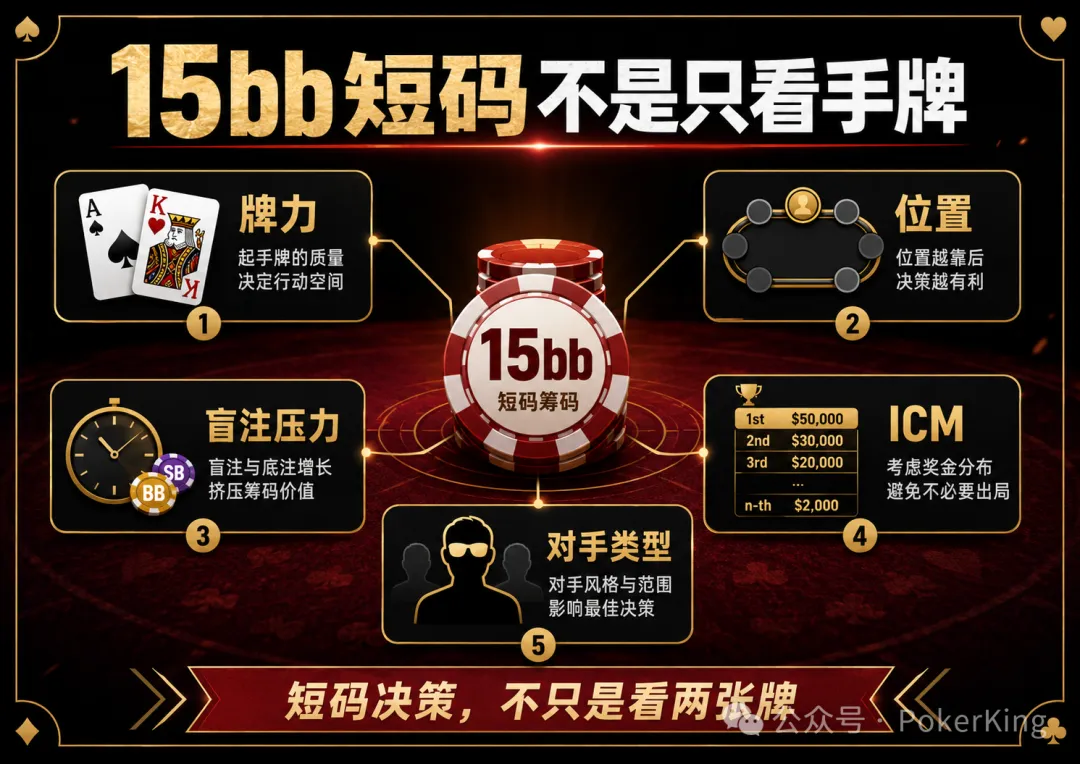 决赛桌剩15bb拿到AK，推还是加注？短码决策不是看牌力，是看这五件事